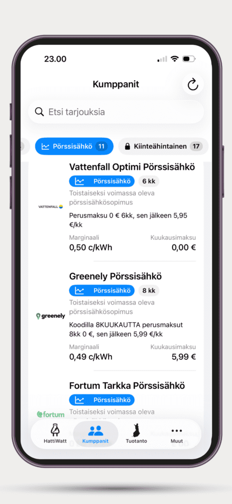 HattiWatt-sovelluksen Kumppanit-sivu, jossa sähkösopimukset on jaoteltu eri sopimustyyppeihin