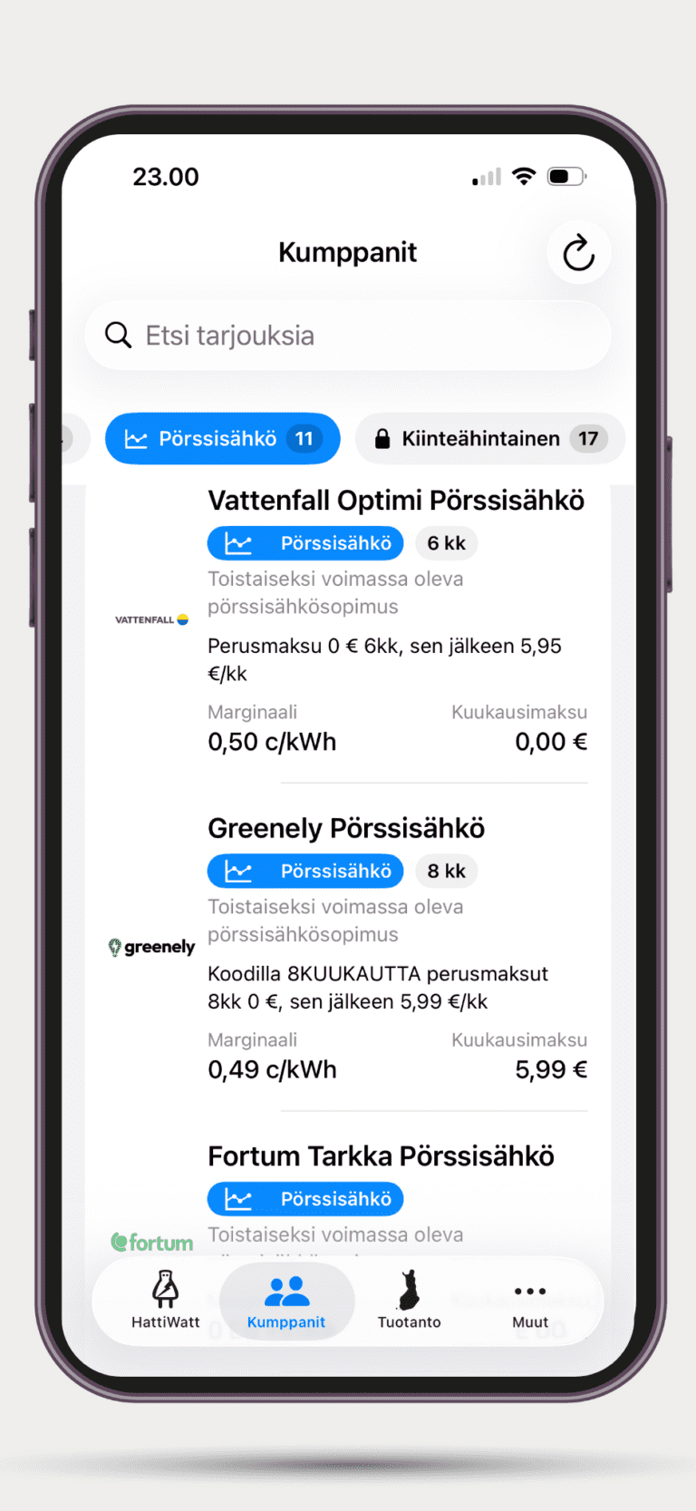 HattiWatt-sovelluksen Kumppanit-sivu, jossa sähkösopimukset on jaoteltu eri sopimustyyppeihin